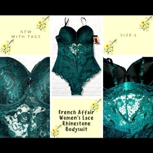 French Affair Push Up Rhinestone Lace Bodysuit